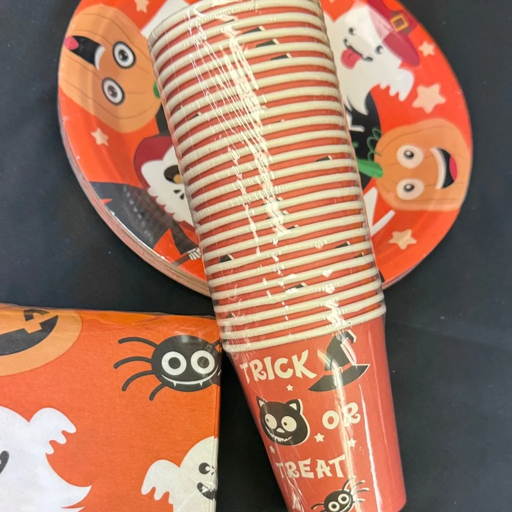 Halloween Party Supplies Set - Orange and Black 24 plates 24 cups 48 napkins new